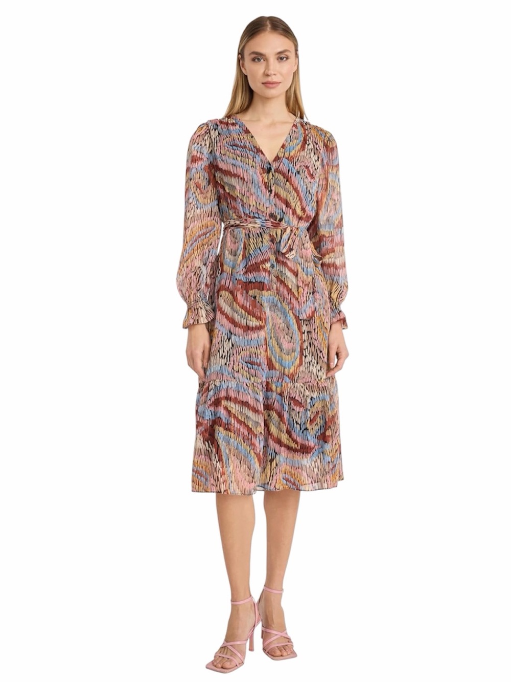 Paisley Print Wrap Midi Dress Size 12 Colorful Artistic Wedding Guest Boho